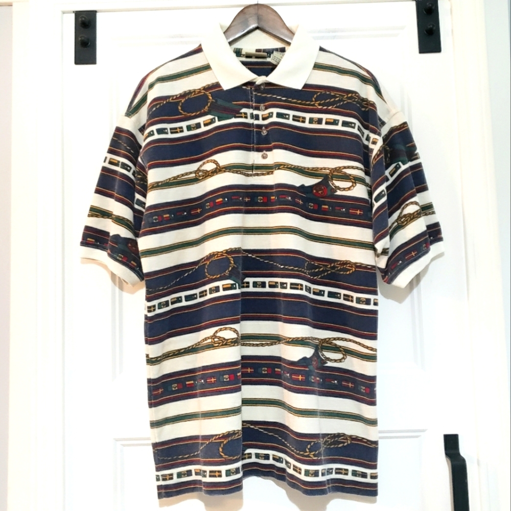 Bugle Boy Vintage Mens L Nautical Polo Shirt Collared Short Sleeve Rope Flags